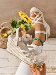 Women's French Style Wedge Sandals, Crossed Straps High Heel Chunky Platform Open Toe Roman Shoes, Summer