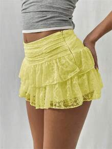 Women's Summer Lace Floral Skirt High Rise Tiered Ruffled Flowy Short Mini A Line Skirt Streetwear - Yellow - View 3