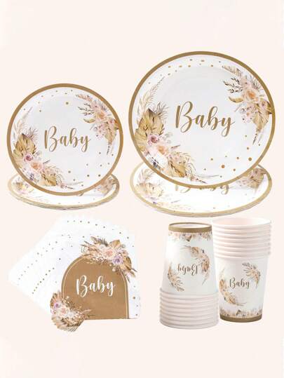 40 件波西米亚风格婴儿送礼会盘子和餐巾餐具套装，波西米亚风格蒲苇花彩虹拱门派对餐具用品，适用于婴儿活动、男孩和女孩生日婴儿送礼会