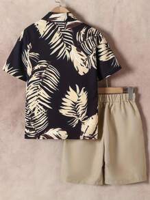 Teen Boy Casual Tropical Leaf Print Woven Shirt Set