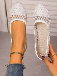 Women's Floral Lace Pattern Ballet Shoes, Slip-On Pointed Toe Mesh Soft Bottom Breathable Comfortable Flat Shoes, Elegant White Ladies Sandals - White (large Net) - View 4