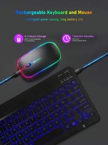 10-Inch Wireless Backlit Mini Silent Notebook Laptop Tablet Wireless Lithium-Ion Battery Keyboard, Dual-Mode Illuminated Wireless Charging Mouse, Compatible With 3 Systems (Keyboard Battery Capacity: 280mAh)