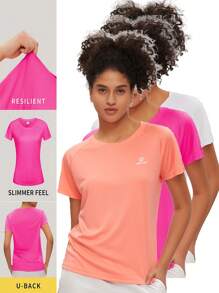 TECTOP 3PCS Women Running T-Shirts Quick Dry Raglan Short Sleeve Contrast Color Crew Neck Athletic Workout Dry Fit Performance Sports Wicking Running Top Gym Athletic Spring And Summer - Multicolor - View 1
