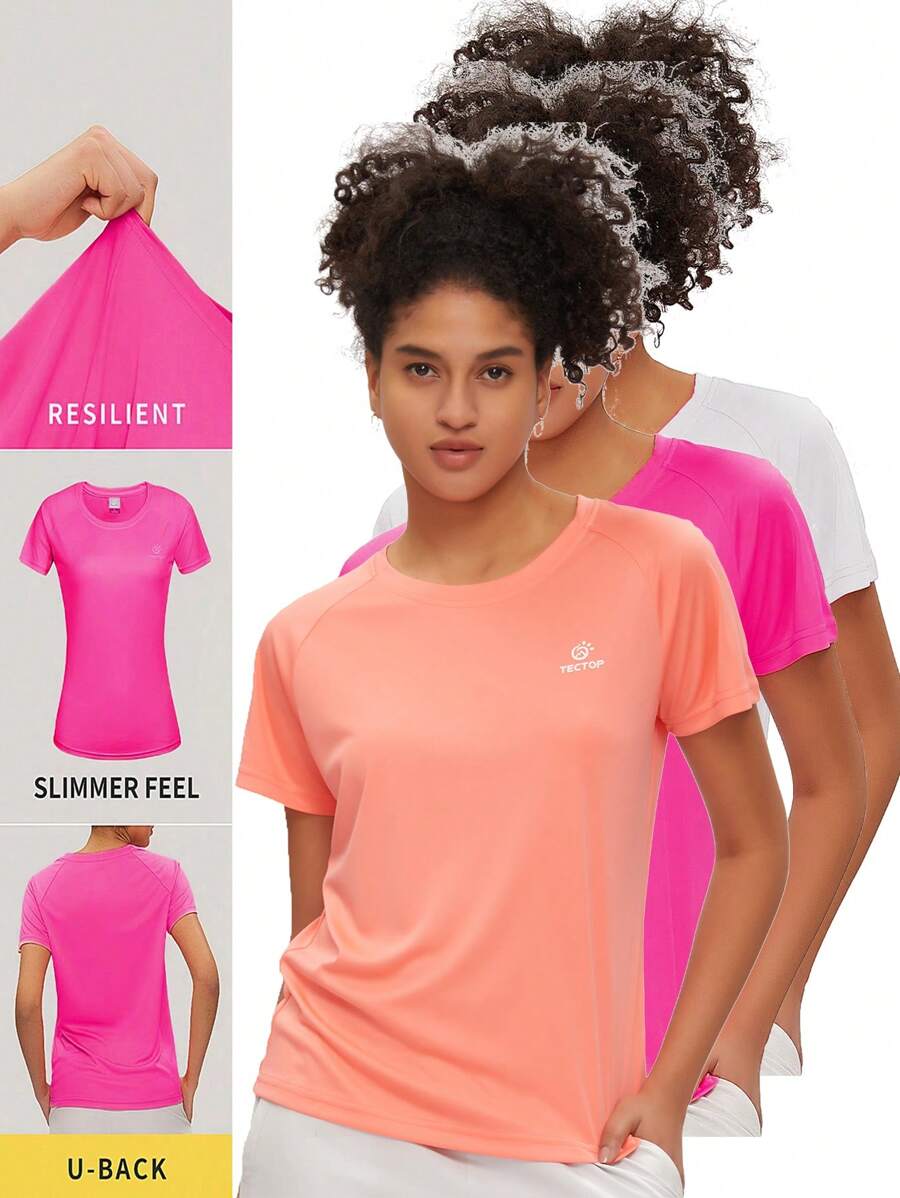 TECTOP 3PCS Women Running T-Shirts Quick Dry Raglan Short Sleeve Contrast Color Crew Neck Athletic Workout Dry Fit Performance Sports Wicking Running Top Gym Athletic Spring And Summer - Multicolor - View 1