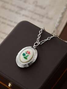 1PC Gothic Vintage Openable Creative Oval Flower Pattern Pendant Necklace,Women's Daily Accessory,Jewellery Gift For Friends