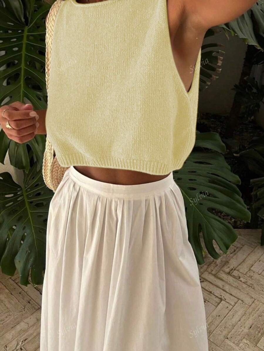 Chaleco de punto de unicolor con cuello redondo simple para mujer