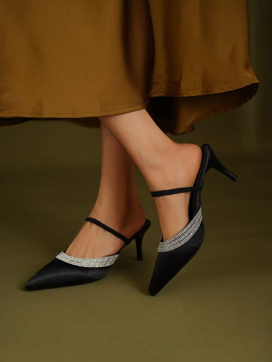 Women's Pointed Toe Crystal Embellished Backless Sandals High Heels, Versatile Slip-On Mule Shoes For Spring Summer Autumn, Black