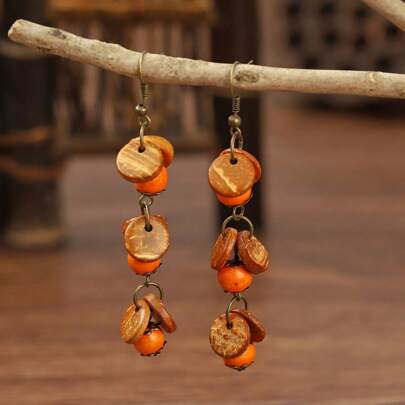 Coconut Shell Dangle Earrings, Fashionable Casual Retro Style For Women