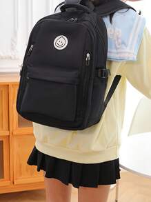 1pc Women's Backpack Solid Color Black Clean Color Zipper Smiling Face Pattern Canvas Durable Casual Fashion Simple Large Capacity Suitable For Student Travel Campus Portable Women's Backpack