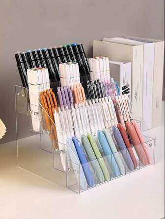 1 Pc Acrylic Neutral Pen Display Stand, Transparent Acrylic Desktop Slanted Pen Holder, Stationery Store Multi-Purpose Pen Organizer & Display Rack