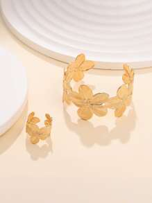 1 Set Floral Design Metal Bangle Bracelet & Ring, Bringing Spring Vibe, Suitable For Vacation & Travel - Yellow Gold - View 4