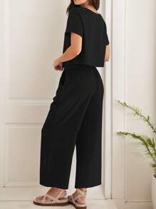 Suits For Women Dressy,Sweat Suits For Womens 2 Piece,Women's Short-Sleeved Blouse High-Waisted Pants Casual Suit - Black - View 5