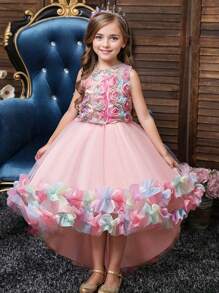 Girls Princess Tiered Ruffles Party Pageant Bridesmaid Long Train Gown, Suitable For All Seasons, Toddler & Big Tween Girl - Pink - View 1