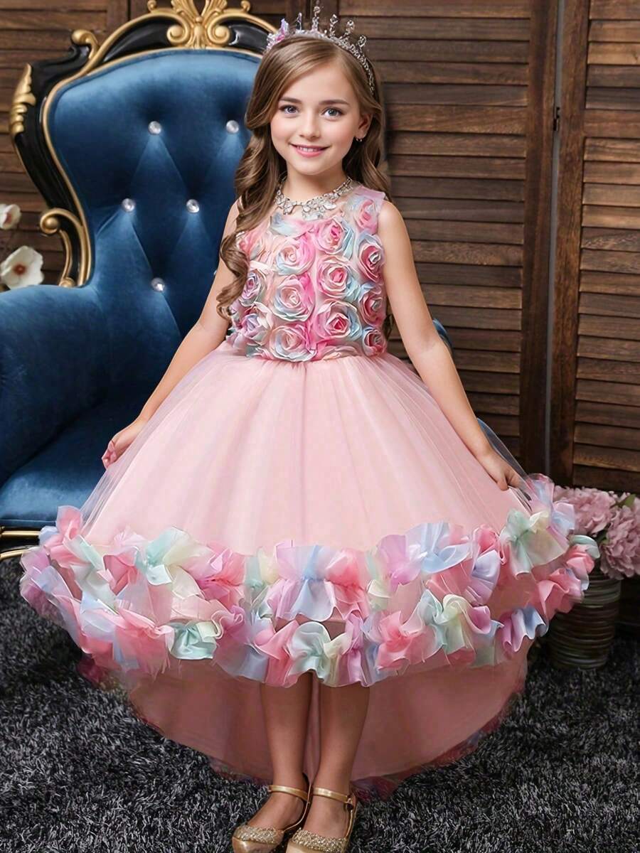 Girls Princess Tiered Ruffles Party Pageant Bridesmaid Long Train Gown, Suitable For All Seasons, Toddler & Big Tween Girl - Pink - View 1