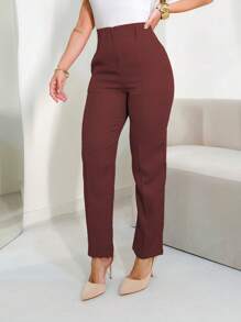 FASHION MO FEMININE - 3283 Tailored Pants, High Waist, With Side Pockets, Straight Leg, Elegant, Formal, Modern, Blogger, Vibrant Colors National Shipping New Collection - Burgundy - View 4