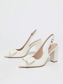 Light Green Pointed Toe High Heel Shoes With Bow And Ankle Strap, Chunky Heel Sandals For Women, Spring/Summer - White - View 8