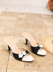 Women's High Heel Open Toe Sandals, Peep-Toe Pumps, Mini Flower Clogs, Studded Flower Slip-On Flats, Cone Heel Fashionable High Heel Sandals With Contrast Color Applique, Summer Shoes