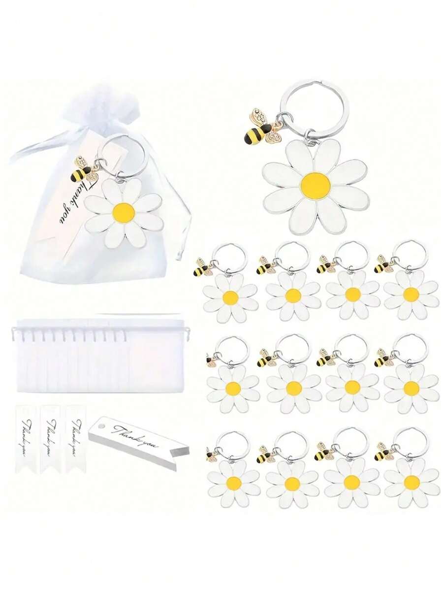 36pcs Bee & Sunflower Keychain Gift Set - Charming Stainless Steel Charms With White Organza Bags And Thank You Tags, Ideal For Moms, Friends, Sisters, Coworkers - Suitable For All Seasons, Bee Decor
