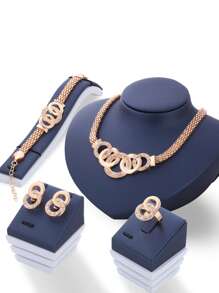 5pcs/Set Luxurious & Exaggerated Gold-Tone Rhinestone Studded Leaf Design Necklace, Earrings, Ring, Bracelet Set For Women's Wedding Party