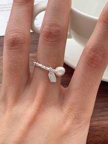 Cincin Mutiara Alami Perak Murni S925 dengan Liontin Keberuntungan dan Tali Elastis untuk Wanita - Perak - View 3