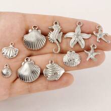 10pcs Luxury Ocean Theme Fashionable Versatile 304 Stainless Steel Gold & Silver Seahorse, Starfish, Shell Pendant DIY Jewelry Accessories