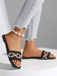 女士新款方头休闲平底凉鞋，时尚百搭 - 黑色 - 查看 3