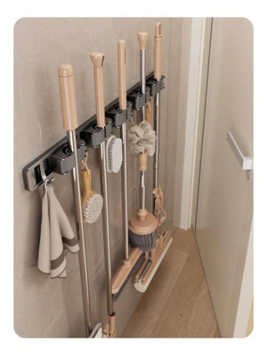 1pc Silver Gray 4 Clips & 5 Hooks Aluminum Mop Holder Wall Mounted Bathroom Fixed Shelf, For Mop, Broom Storage And Balcony Use. Also Available In 2 Clips & 3 Hooks, And 3 Clips & 4 Hooks.