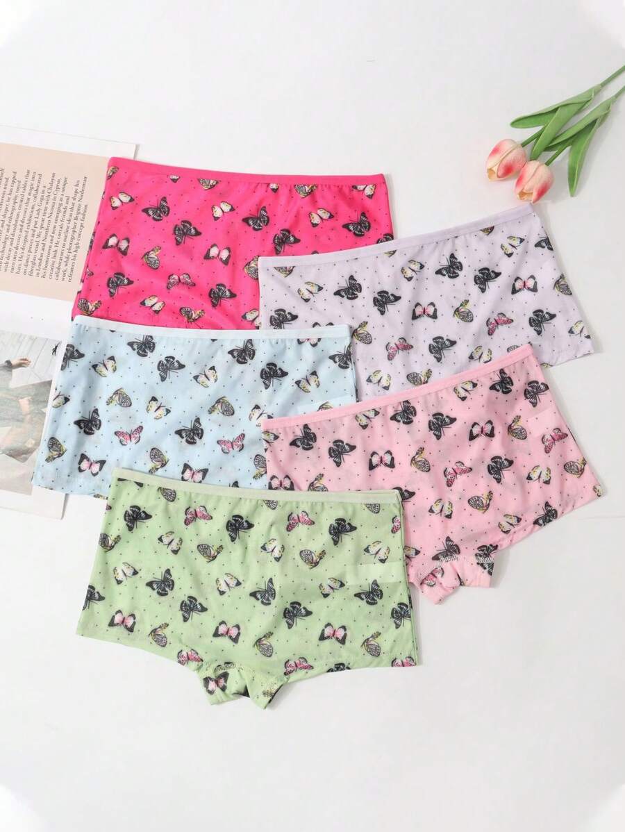 5pcs Tween Girls' Breathable Mesh Butterfly Print Underwear, Soft & Comfortable, Suitable For Young Girls - Multicolor - View 1