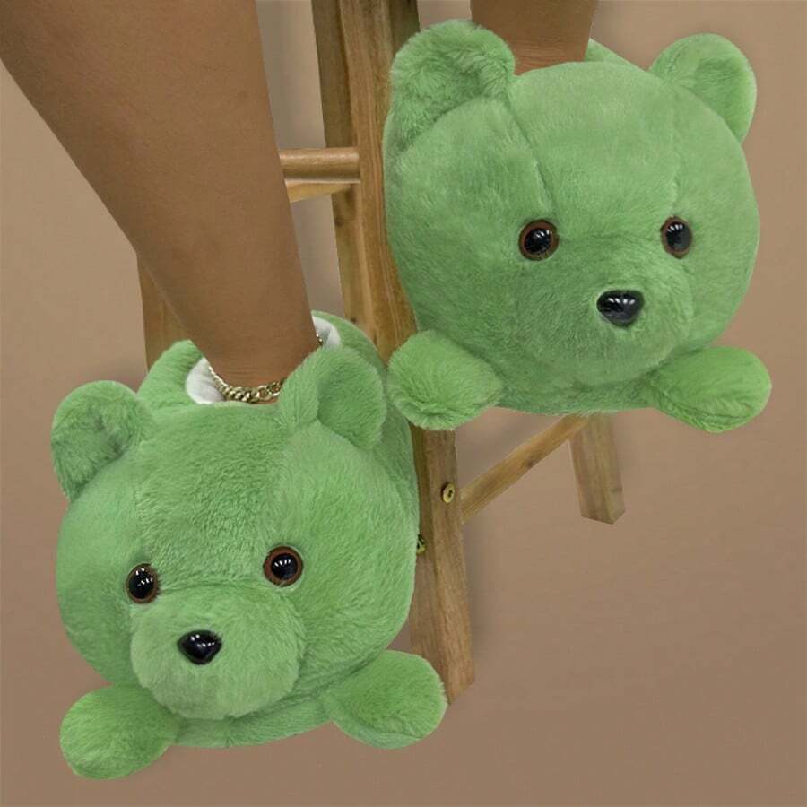 Women's Cozy, Slip-Resistant, Fully Enclosed Cute Green Bear Pattern Indoor Slippers