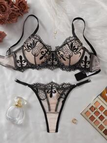 2pcs Spring/Summer New Women's Sexy Lingerie Set, Black Lace-Trimmed Floral Embroidery Bra Underwear With Adjustable Straps, Sheer Mesh Panties, Intimate Valentine's Day Gift Set Ultrathin Bra