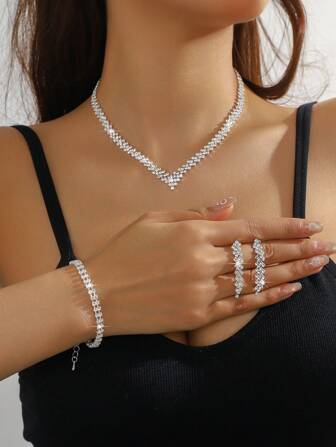 4Pcs Rhinestone Geometric Necklace Set With Earrings And Bracelet, Versatile And Stylish Jewelry Set For Women, Suitable For Daily Commute, Campus Dates, Weddings, Parties, Valentine's Day, And Vacation