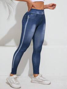 High-Waist, High-Elasticity, Multi-Purpose Polyester Black Leggings, Moisture-Wicking, Breathable, Body-Shaping, Suitable For Gym, Outdoor Cycling, Running, Yoga, Extreme Sports And Daily Commute, Autumn-Winter - Navy Blue - View 6