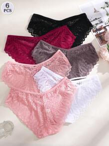 FINETOO 6pcs Women Solid Color Lace Patchwork Criss-Cross Sheer Hollow Sexy Thong Panty Set