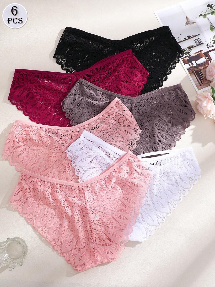 FINETOO 6 pièces Femmes Ensemble de Culottes Tanga Sexy Transparentes et Ajourées de Couleur Unie avec Motifs en Dentelle - Multicolore - Voir 1