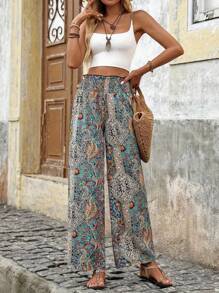 Flowy Paisley Print Wide Leg Pants For Women - High Waist, Non-Stretch Polyester, Machine Washable - Picture Color - View 9