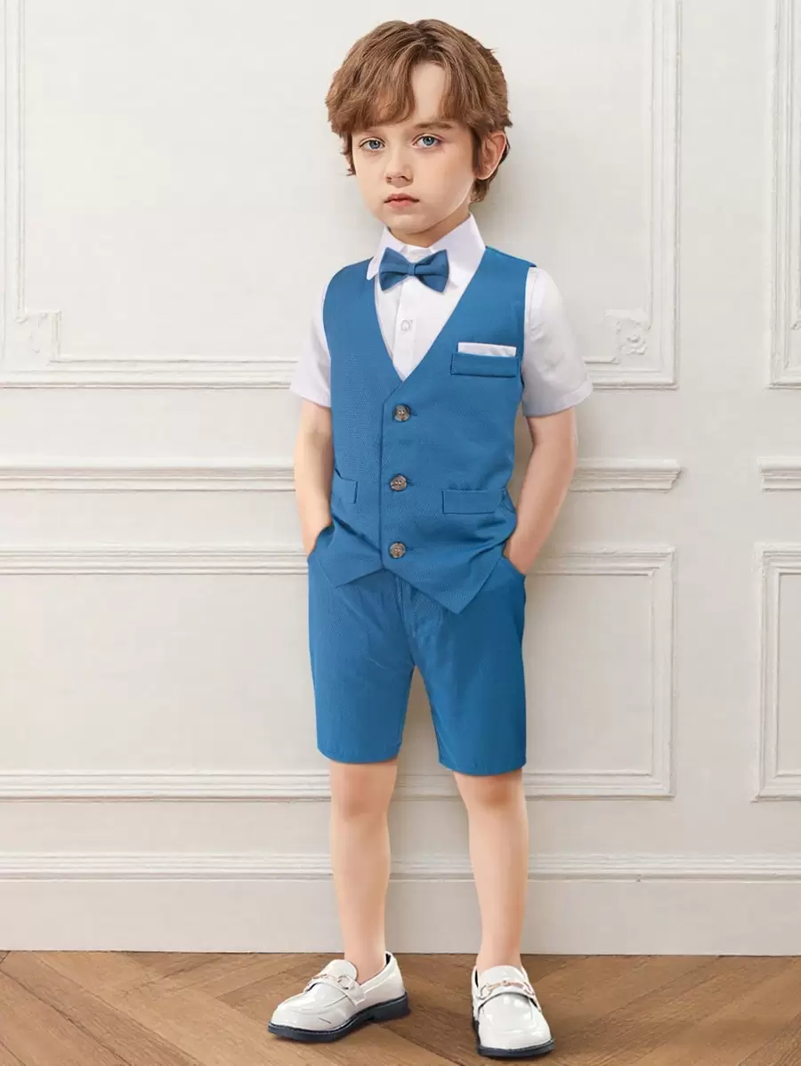 Conjunto de 4 piezas para niño pequeño de verano estilo caballero: camisa de manga corta + chaleco + pantalones cortos + pajarita, ropa formal para bodas/fiestas infantiles - Azul y blanco - Ver 1