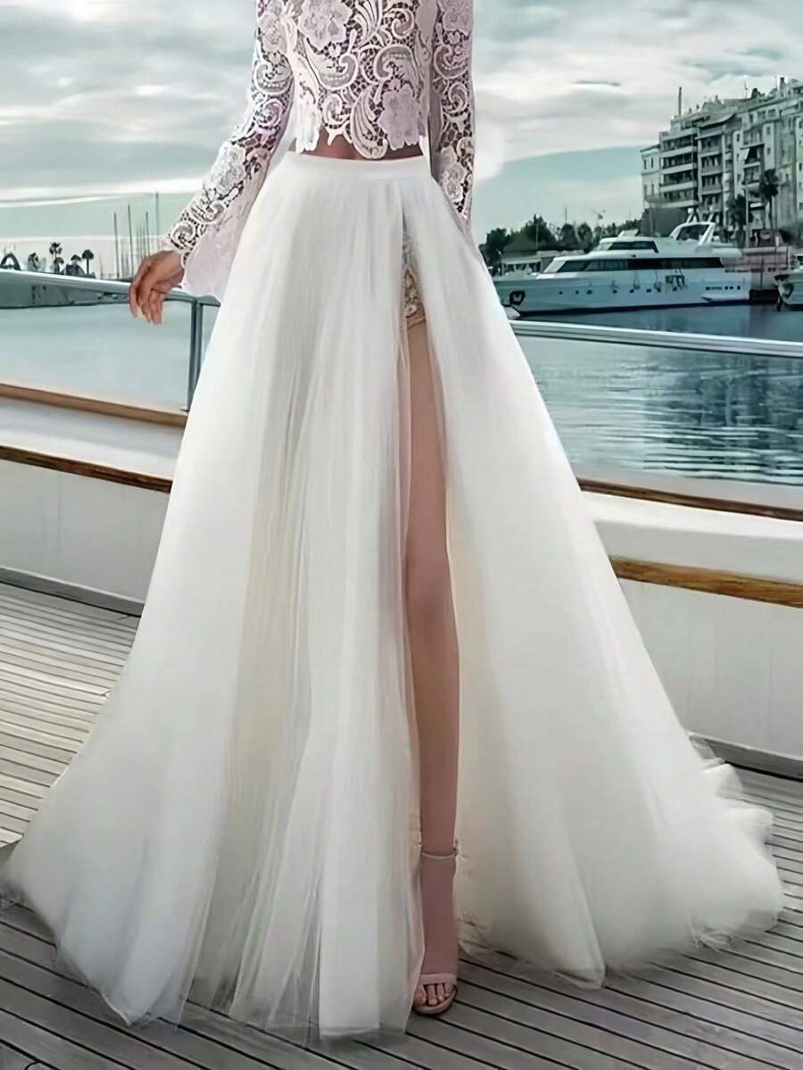 女士高腰开衩网纱半身裙，黑/白配色，可拆卸拖尾沙滩裙，轻盈雪纺面料，春夏款 - 白色 - 查看 1