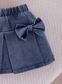 3 件套女婴时尚休闲套装：粉色罗纹针织盖袖上衣、带蝴蝶结装饰的松紧腰牛仔裙和粉色蝴蝶结发带 - 粉色 - 查看 7