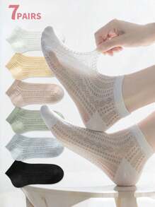 5pcs/7pcs/10pcs Pack Women Solid Color Versatile Daily Lace Openwork Casual Ankle Socks