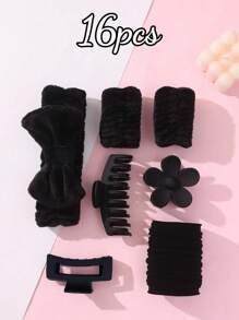 Conjunto de 16 peças de faixas de cabelo com laço em fleece coral para lavar o rosto, faixa de cabelo fofa, pulseira e presilha de cabelo de pelúcia com flor para acessórios femininos, decoração de casa e banheiro, decoração de outono, volta às aulas e penteados. - Multicolorido - Ver 15