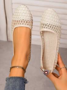 Women's Floral Lace Patterned Ballet Flats, Slip-On Pointed Toe, Mesh Breathable Soft Bottom, Elegant Low-Cut White Ladies Sandals - Beige (large Net) - View 6