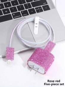 5pcs/Set Rhinestone Decor Charger Cover And Data Cable Protector Set, Charging Adapter Cover Compatible With Apple 18W/20W Fast Charger, Compatible With Iphone 16/15 Series Charger Protector