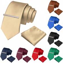 3-Piece Set: 2.36inch(6cm) Narrow Tie, Pocket Square, Tie Clip, Classic Combination, Men's Slim Fit Solid Color Silk Jacquard Tie Set, Suitable As Men's Gift, Suitable For Formal Occasions Such As Parties, Weddings, And Photo Shoots