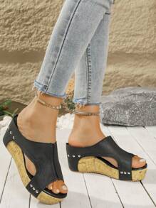 夏季新款厚底厚底坡跟女式凉鞋，时尚百搭休闲鞋，户外正装凉鞋，高跟一脚蹬凉鞋，沙滩度假女鞋 - 黑色 - 查看 5