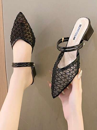 New Pointed Toe Net Cloth Thick Heel Sandal Slipper 2-In-1 Shoes