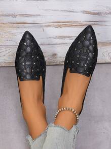 Women's Pointed Toe Flat Slip-On Casual Shoes, Solid Color - Black - View 5