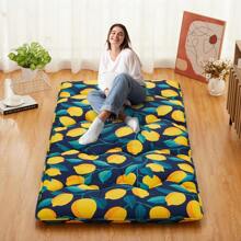 Twin/Full Size Japanese Futon Mattress, Modern Foldable Thick Tatami Floor Mat With Lemon Pattern, Portable Washable Sleeping Mat With Comfortable Foam For Camping, Dormitory, Blue Black Light Grey