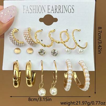 BEMMY 6/9 Peças Conjunto Elegante de Brincos e Tachas de Pérolas, Adequado Para Festas, Festivais e Uso Diário