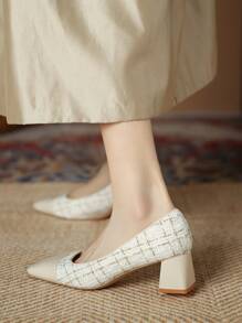 Xin Jing Shoes Square Toe Chunky Heeled Court Pumps - Apricot - View 2