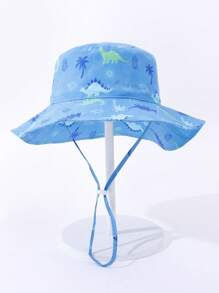 1pc Kids Sun Protection Bucket Hat With Windproof Rope, Simple Solid Color Or Cartoon Print Design, Thin Breathable Bucket Hat, Beach Hat And Bucket Hat Suitable For Daily Travel